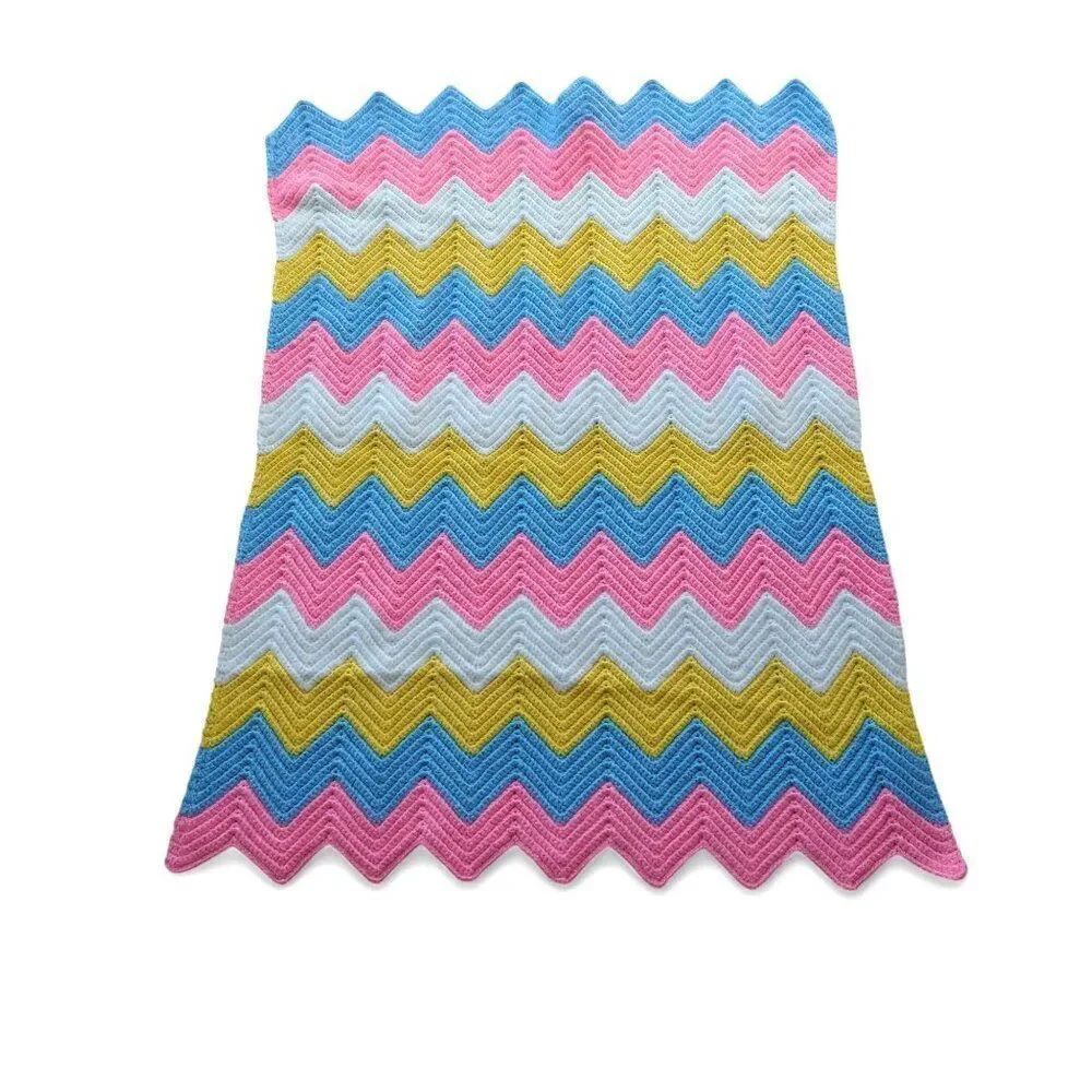 Handmade Chevron Crochet Knitted Baby Blanket Pink Blue Yellow White‎ 27